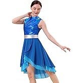 AFAVOM Metallic Color Block Praise Dance Overlay Dress for Women Asymmetrical Ruffle Worship Tunic Dress Liturgical Dancewear