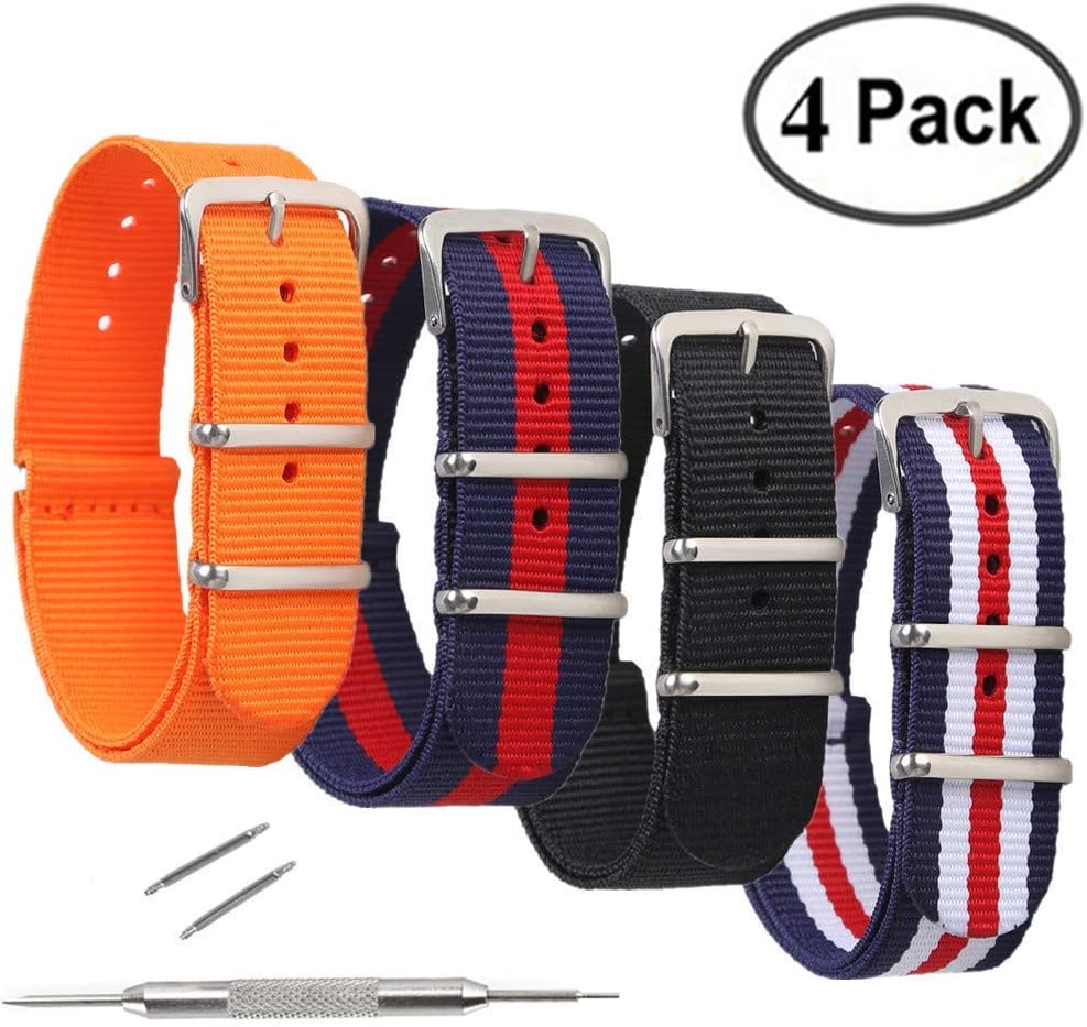 4 Pack NATO Watch Bands,STYLELOVER Ballistic Nylon Watch Straps - Choices of Colors & Widths 16mm 18mm 20mm 22mm or 24mm
