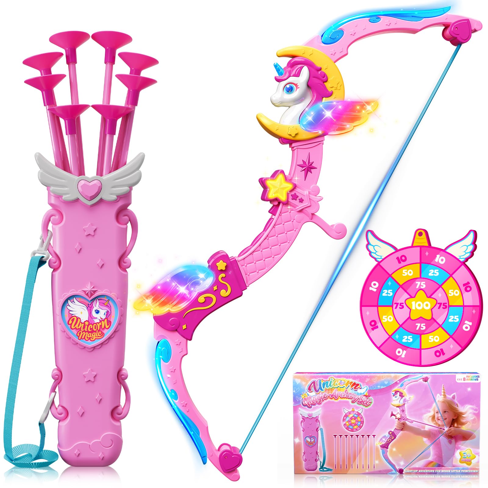 Unicorn Toys for Girls Ages 3-12, 6 Magic Lights BowArrow(Unicorn Horn, Wings, Star, Upper & Lower Arms), Dreamy Quiver & Princess Target, 8 Pink Suction Arrow, Gift for 3 4 5 6 7 8 9 10 Year Old Girl