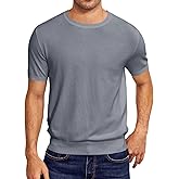 Coutgo Mens Short Sleeve Knit T-Shirts Crew Neck Slim Fit Stretch Pullover Sweater Casual Solid Basic Knitwear