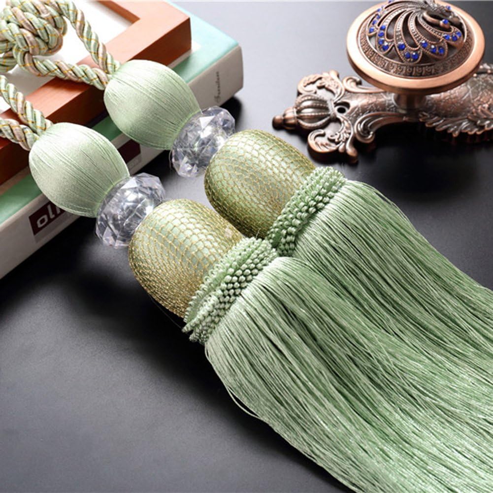 LANGUGU 1 Pair Crystal Beads Drapery Window Tassel Curtain Rope Long Tie Back Braided Band Home Decor (GREEN)