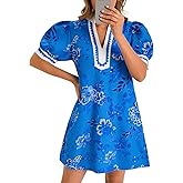 Wenrine Womens Summer Mini Dress Casual Floral Puff Sleeve V Neck Color Block Loose Boho Beach Dresses with Pockets