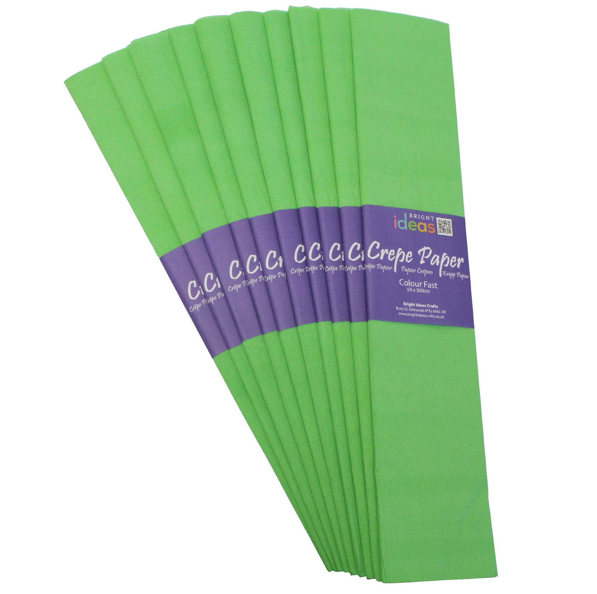 Bright Ideas Crepe Paper Sheets – Light Green. Sheet Size: 50cm x 3m, Pack of 10 Folds. 17gsm, 40% Stretch, Colourfast and Acid Free. Ideal for Flower Making, Gift Wrapping and Arts & Crafts.