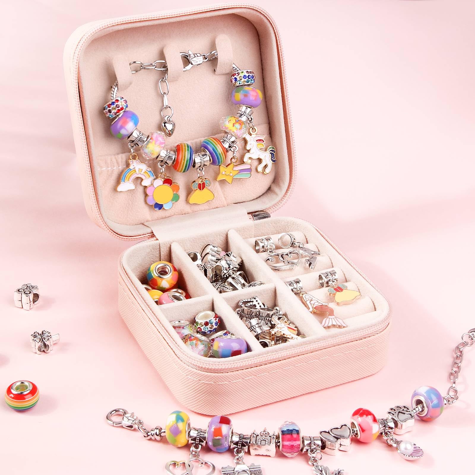 UFU Charm Bracelet Making Kit Girls Beads for Jewelry Making Kit, Unicorns Arts Crafts Gifts Set for Teen Girls Age 5 6 7 8-12, with a Portable Bracelet Organizer Box