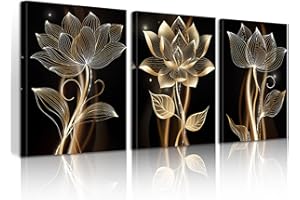 WENGTIAO 3 Piece Flower Canvas Wall Art Abstract Black and Gold Lotus Paintings Luxury Floral Prints Pictures Zen Posters Home Decor Modern Meditation Artwork for Living Room Bedroom Spa 12”x16”x3