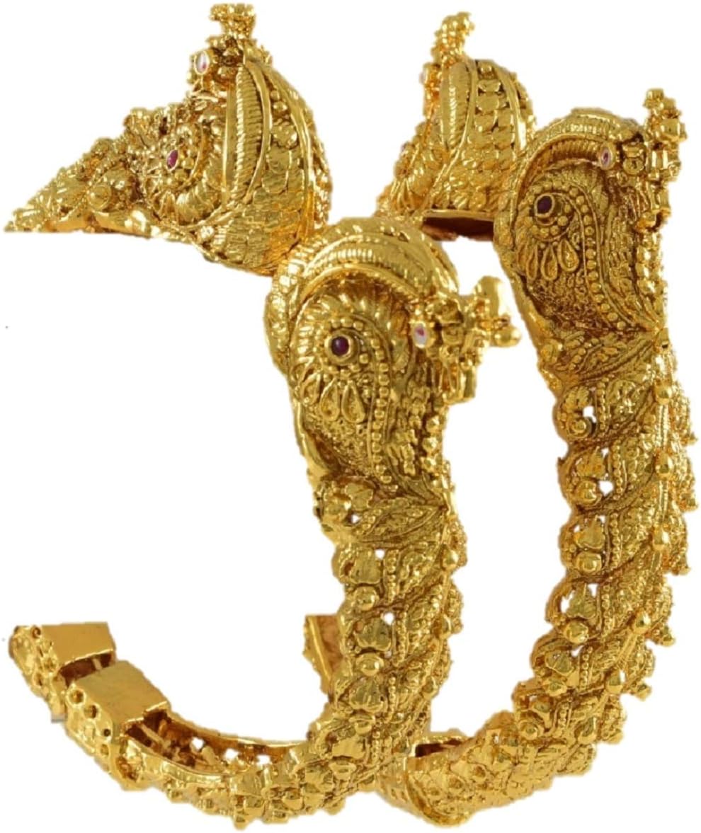 Chinar Jewels Peacock Golden Bangles for Women Traditional Gold Plated in Real Look|High Gold Polki Kada Openable for Marriages and Parties for Girls and Women| Set of 2