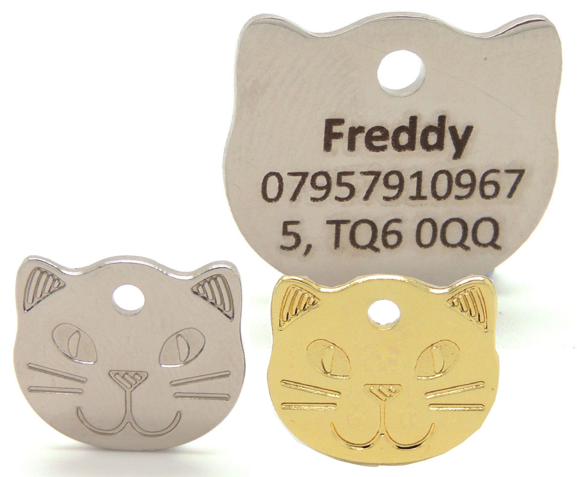 Engraved cat face pet tags. Bold contrasting text, 22mm gold or silver