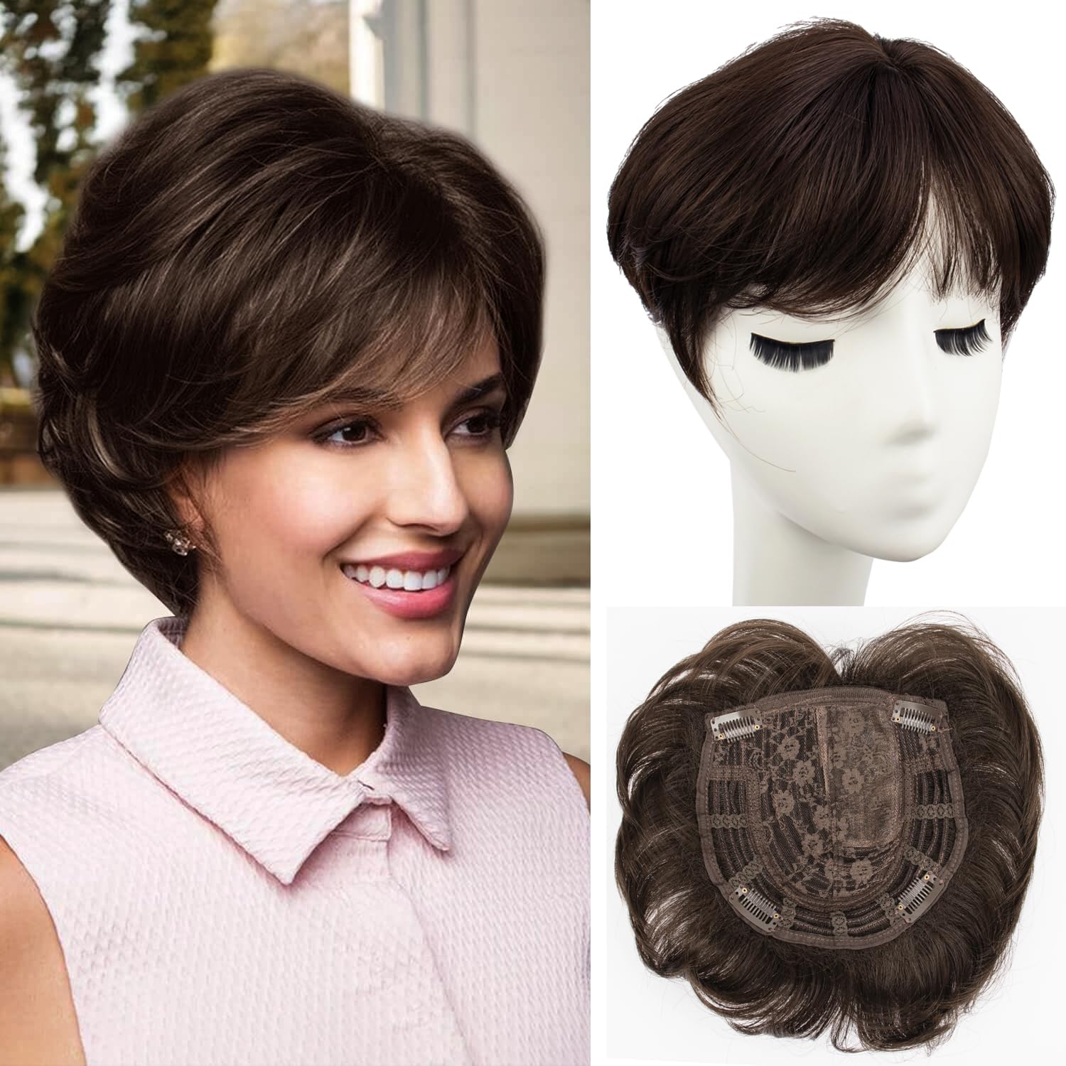 PORSMEER Ladies Magic Pixie Hair Topper Clip in for women Thinning Hair Dark Brown, Natural Looking Synthetic Hair Pieces Replacement Wiglets with Fringe Add Hair Volume