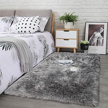 Noahas Luxury Fluffy Rugs Bedroom Furry Carpet Bedside Sheepskin Area Rugs Children Play Princess Room Decor Rug 3ft X 5ft Grey