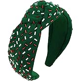 YISSION Green Christmas Knotted Headband for Women & Girls, Beaded Sequined Wide Hair Hoop, Festive Holiday Hair Accessory for Christmas Party, Daily Styling