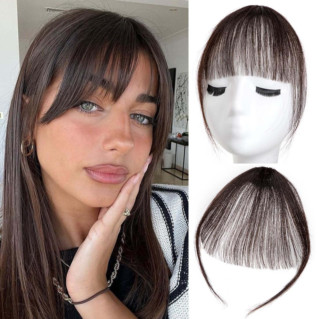 Bangs Hair Clip in Bangs 100% Real Human Hair Extensions Wispy Bangs French Bangs Clip on Bangs for Women Hairpieces Curved Bangs for Daily Wear (A-Brown Black, Air Bangs) — image 1
