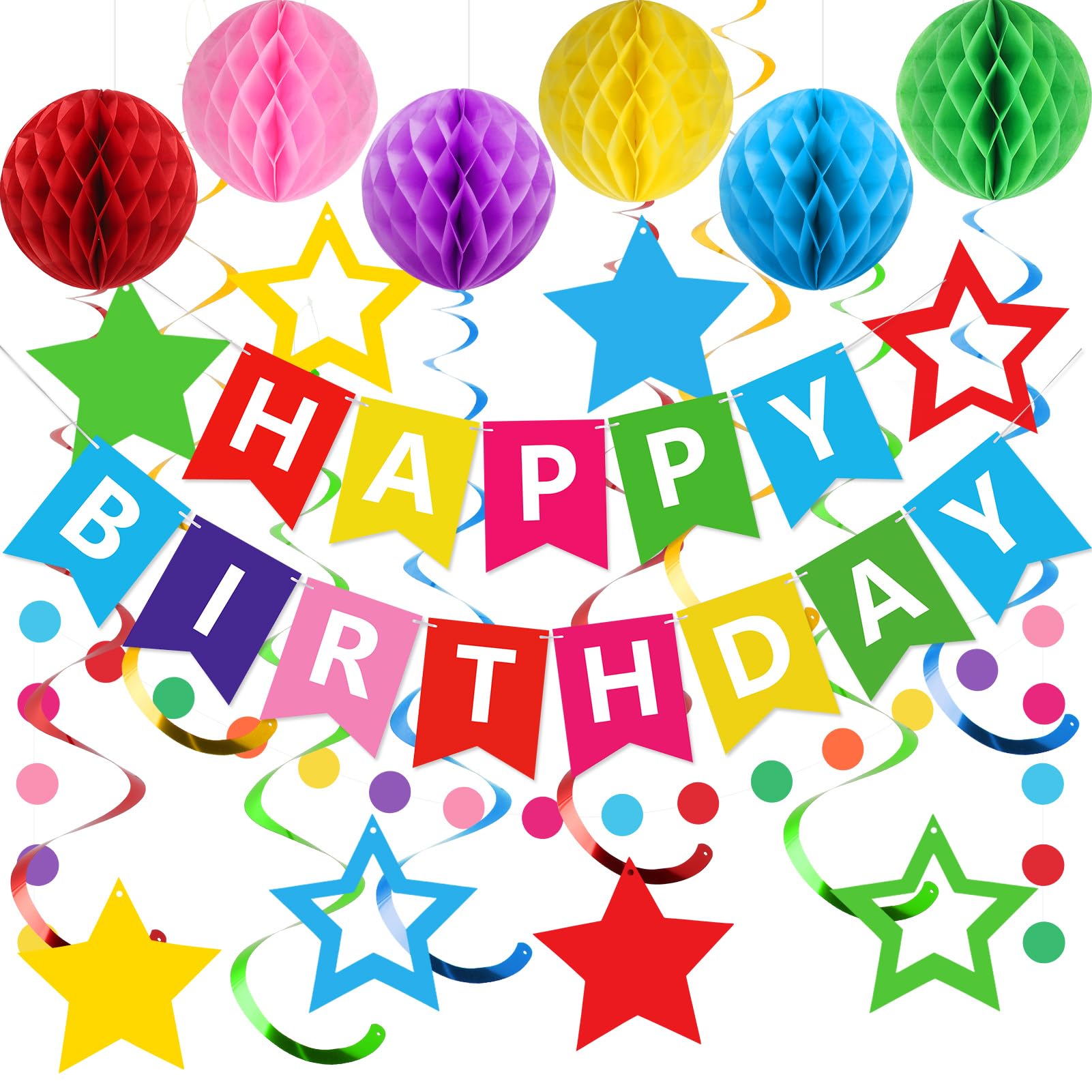 Photo 1 of meowtastic Birthday Decorations, Happy Birthday Banner with Honeycomb Balls, Stars Hanging Swirls Streamers, Circle Dots Garland, Happy Birthday Party Decorations for Women Men Boys Girls (Rainbow)