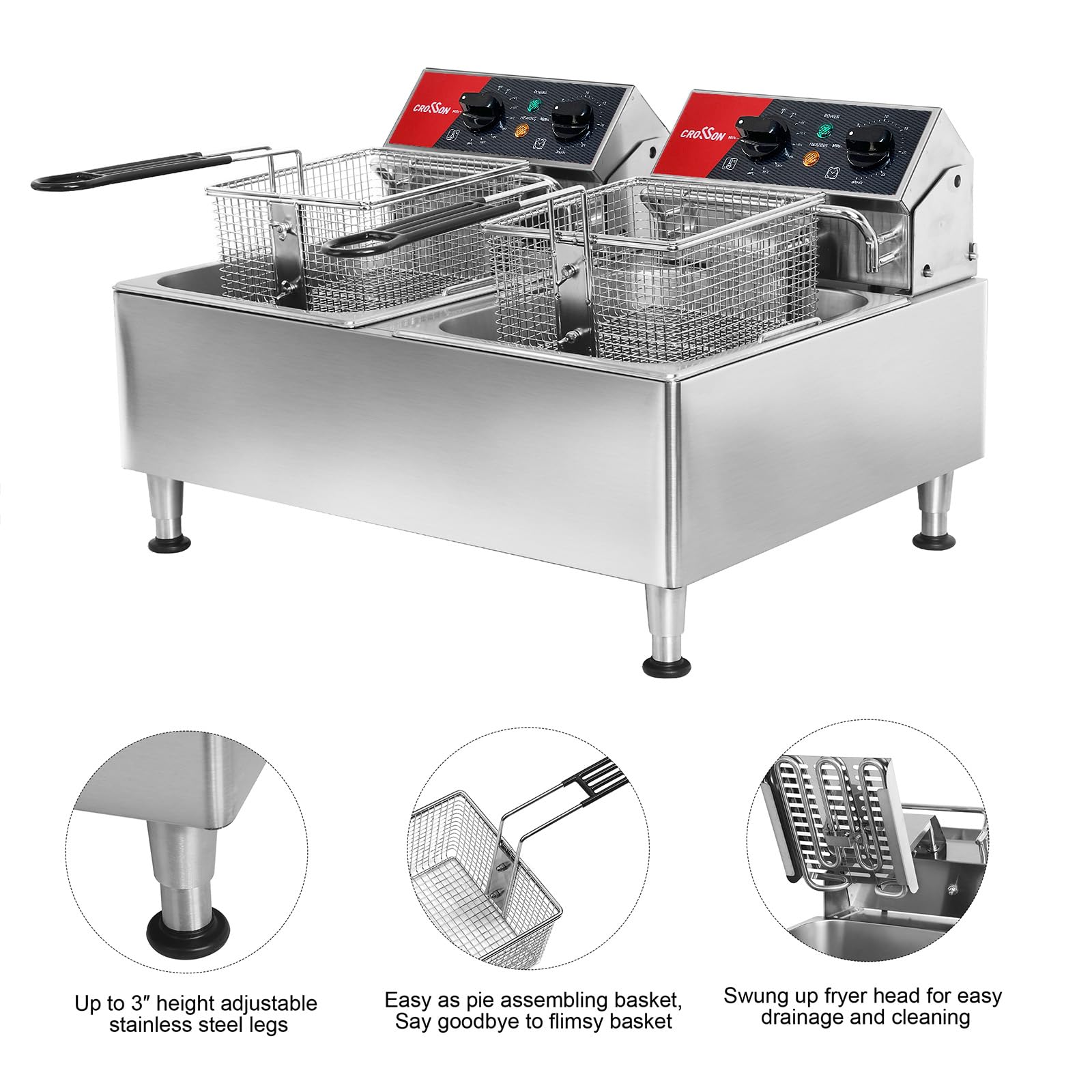 CROSSON 12L Elektrische Fritteuse mit doppeltem Tank und rotierendem Fritteusenkopf, 30-Minuten-Timer, EGO-Thermostat, Aufsatzfritteuse für den gewerblichen Gebrauch 7