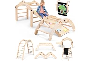 WOODURE 7-in-1 Deformable Pikler Triangle Set with Sliding Ramp & Climbing Arch Ramp, Wooden Toddler Climbing Toys Indoor, Playground Jungle Gym for Kids, Montessori Climbing Set for Toddlers