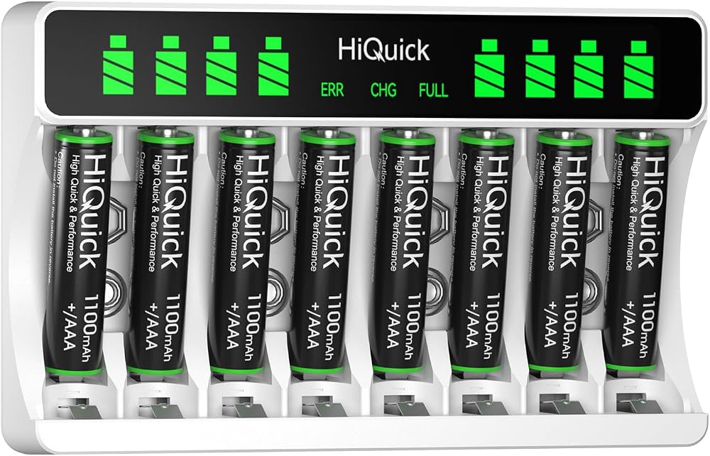 HiQuick 8-Slot Battery Charger with 8 x 1100mAh AAA NiMH Batteries