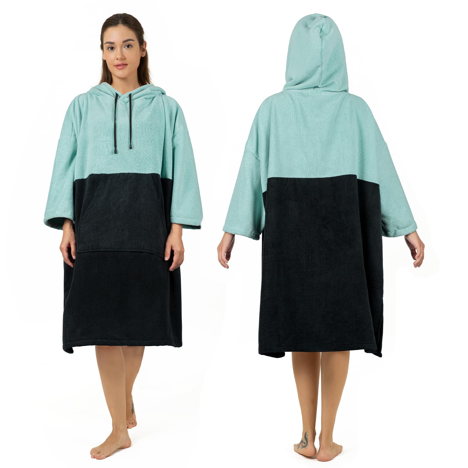 Zingtto Surf Poncho Changing Robe, 3/4 Sleeve Extra Large Thick Hoodie Towel Poncho for Men Women Beach Swimming, 39‘’x31‘’, Black Teal