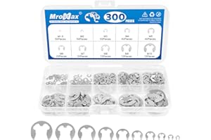 MROMAX 300Pcs Stainless Steel E-Clip Assortment Kit, 10 Sizes M1.5 - M10 External Circlip Snap Rings Retaining Clips Set for Bearings, Gears, Pulleys, Axles