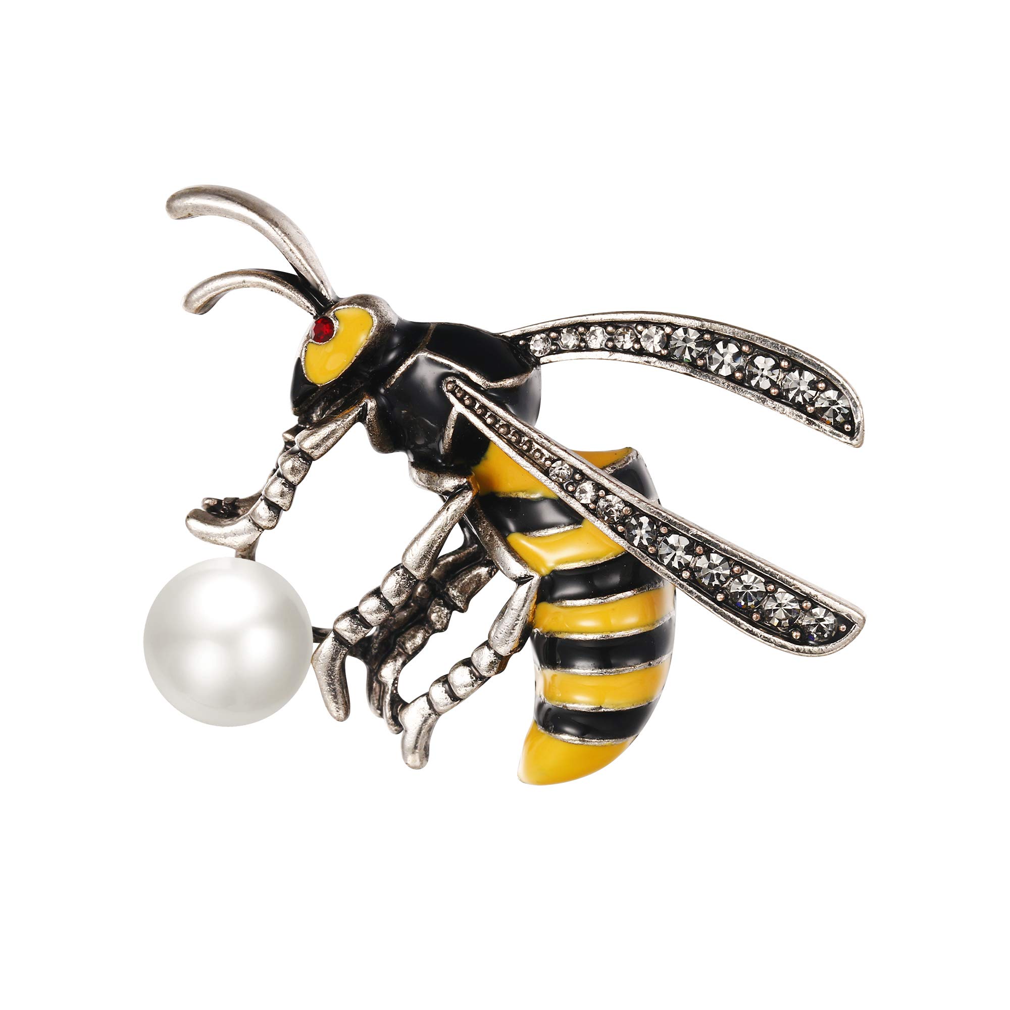 Ever Faith Crystal White Simulated Pearl Yellow w/Black Enamel Retro Flying Honeybee Insect Brooch