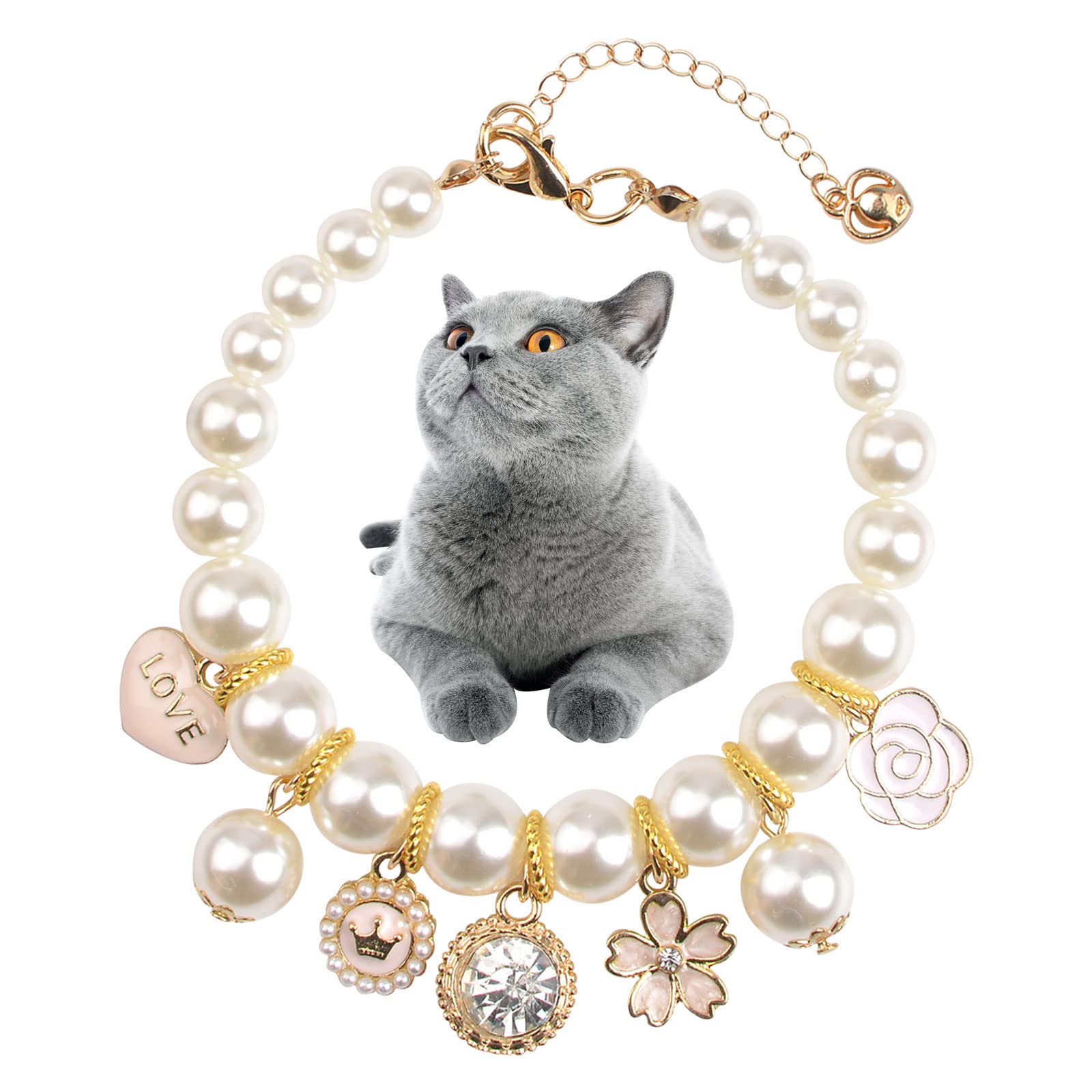 HACRAHO Pet Pearl Collar, 1 Pack Dog Pearls Necklace Collar Adjustable Pearl Dog Necklace with Rhinestone Pendant for Small Dogs Cats Puppy Kitten, S