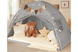 LANABUNA Twin Size Bed Tent Canopy, Kids Play Tent with Flags & Star Lights, Canopy on Bed Privacy Space Sleeping Blackout Tents, Indoor Breathable Portable & Foldable, Girls & Boys Gifts, Grey Tassels Style