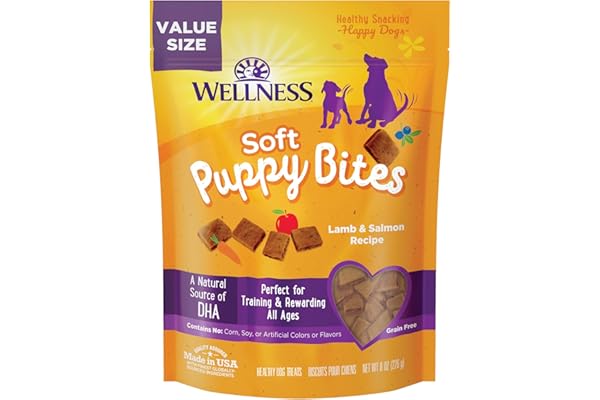 Wellness Soft Puppy Bites Healthy Grain-Free Treats for Training, Dog Treats with Real Meat and DHA, No Artificial Flavors (Lamb & Salmon, 8-Ounce Bag)