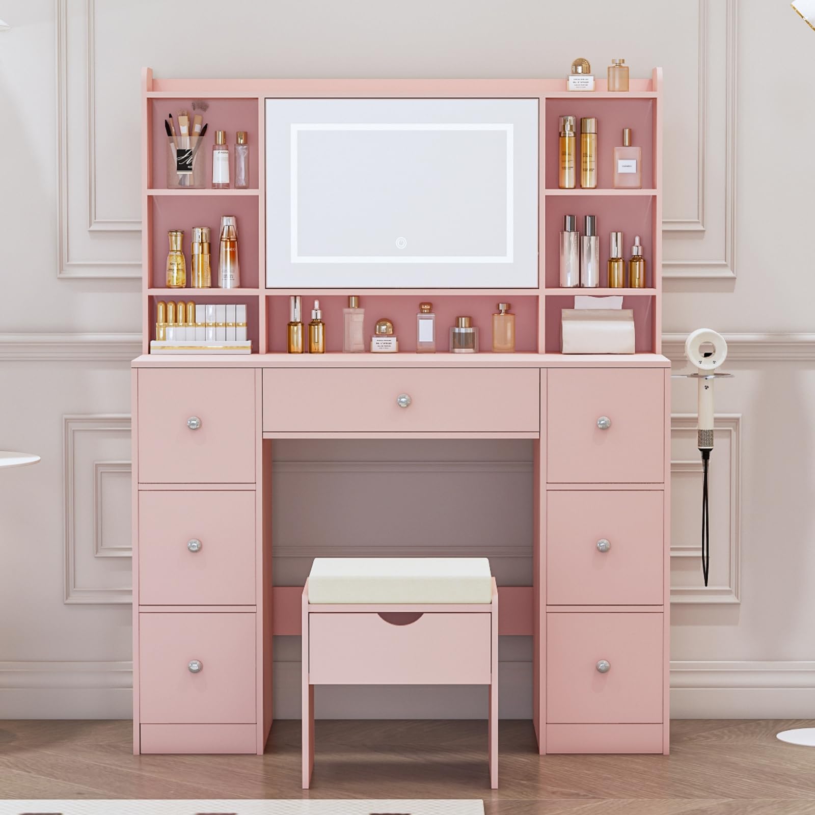Photo 1 of Viaozutis Vanity Desk with Mirror & LED Lights, Built-in Power Outlet, Dimmable LED Lighting, 7 Drawers & 7 Storage Compartments, Includes Padded Stool – Ideal Table for Bedroom Dressing Room (Pink)