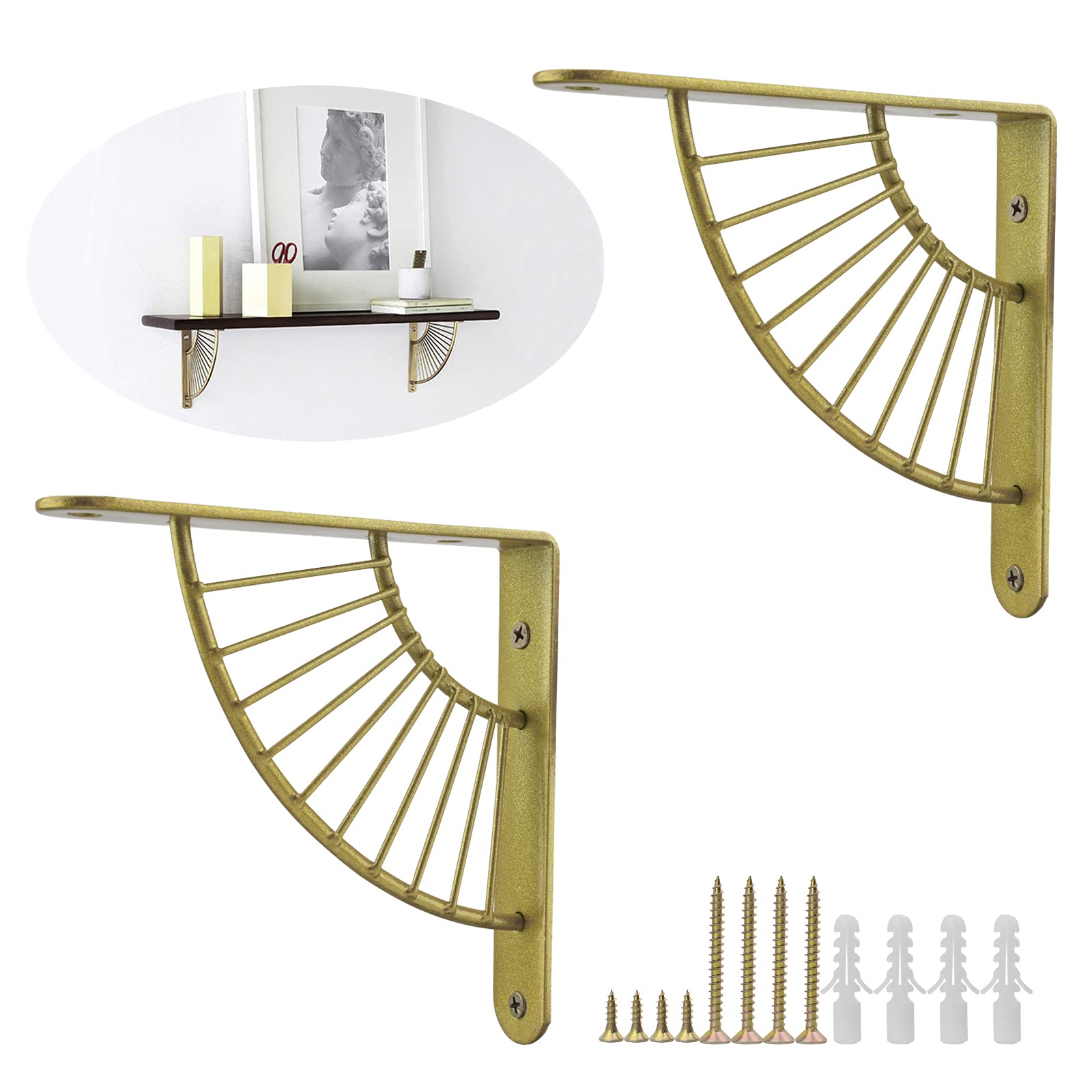 MOROBOR 2PCS Metal Craft Brass Bracket Floating Shelves Shelf Brackets Wall Hanging Decoration Sector Bracket for Home Office Restaurant Decor, Gold-14.5CM — image 1