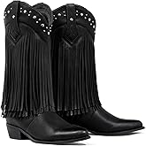 WrangWalker Fringe Cowboy Boots for Women Wide Calf - Tassel & Studded Accents, Faux Suede Leather, Country Hippie Cowgirl Boots
