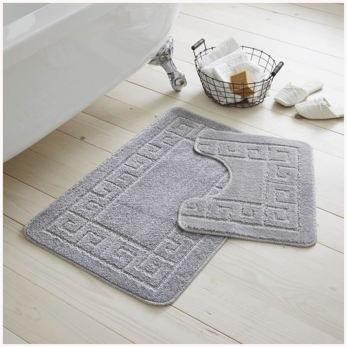 GC GAVENO CAVAILIA 2 Piece Washable Bathroom Mat, Extra Absorbent Anti Slip Bath Mats, Super Soft Toilet Rugs Set, Silver, (50 x 80, 50 x 40 cm), Regular