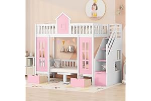 Harper & Bright Designs Twin Size Loft Bed with Stairs and Desk, Solid Wood Twin Over Twin Stairway Bunk Bed Frame, The Bottom Bed can be Convertible to Seats and Table Set (Pink)