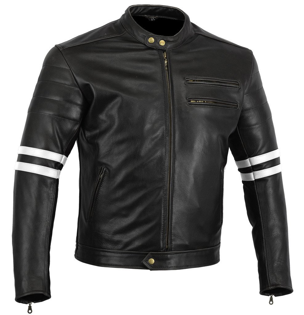 Bikers Gear The Rocker Motorcycle Black Leather Cafe Racer Jacket CE1621-1 PU Armour, White, UK 40 EU 50 Large