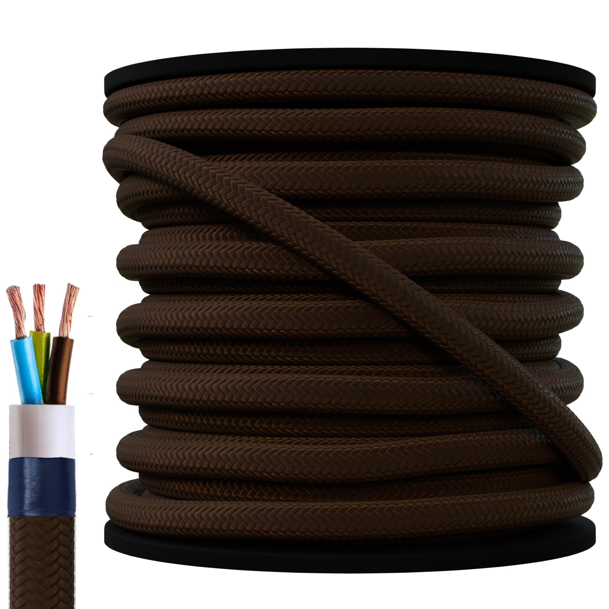 Vintage Fabric 3 Core Braided Textile Cable - 26FT/8 Metres, 3x0.75mm², White Round