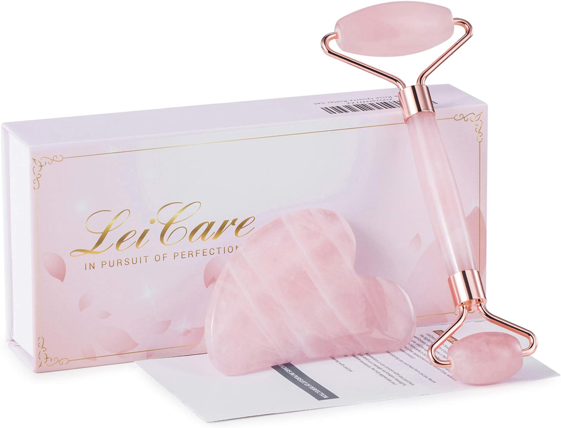 Real Jade Roller, Rose Quartz Face Roller and Gua Sha Facial Tool - Jade Roller Gua Sha Set for Face, Eyes, Skin Care - Face Roller, Rose Quartz