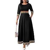 FANDEE Casual Maxi Dresses for Women Elegant 3/4 Sleeve Round Neck Africa Print Church Dress with Pocket