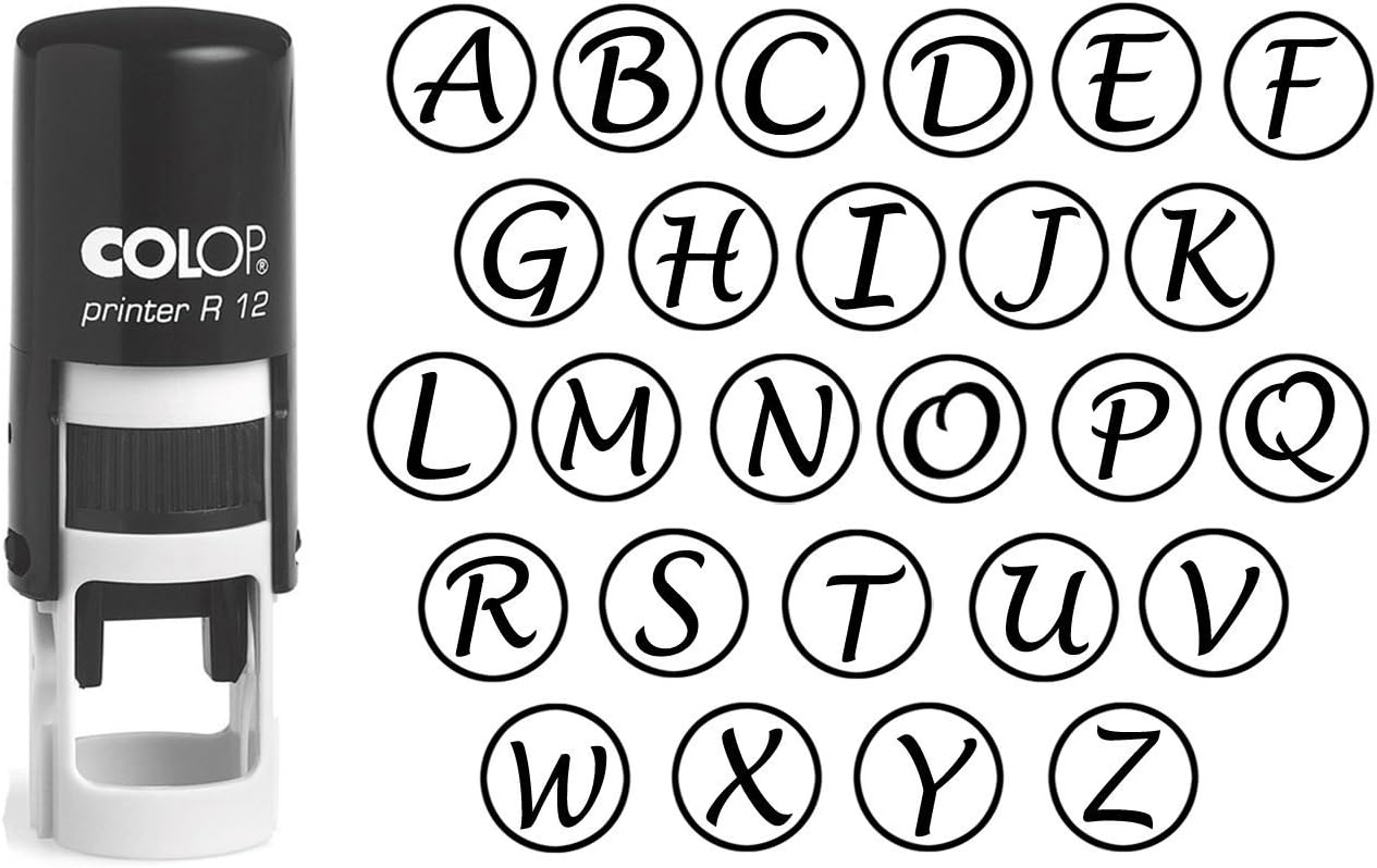 Custom A-Z Alphabet Stamp in Black Ink Monogram Round Rubber Stamp Self Inking Initial Stamp COLOP Mini Stamper 12 mm