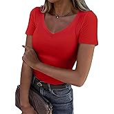 Roselux Women V Neck Ribbed Fitted Tight Tshirt Short Sleeve Shirt Basic Knit Top