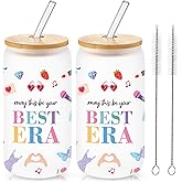 Honeydak 2 Pcs Best Era Glass Tumbler with Bamboo Lid & Straw, 16oz Inspirational Iced Coffee Cup for Music Fans, Pop Concert Lover Gift for Women, Aesthetic Quote Glass Cup(Frosted)