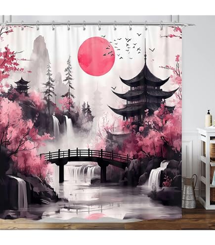 SOPIYRIO Duschvorhang-Set Mit Kirschblüten-Motiv – Inkl. Badematte, WC-Deckelbezug & 12 Haken, 183x183 Cm