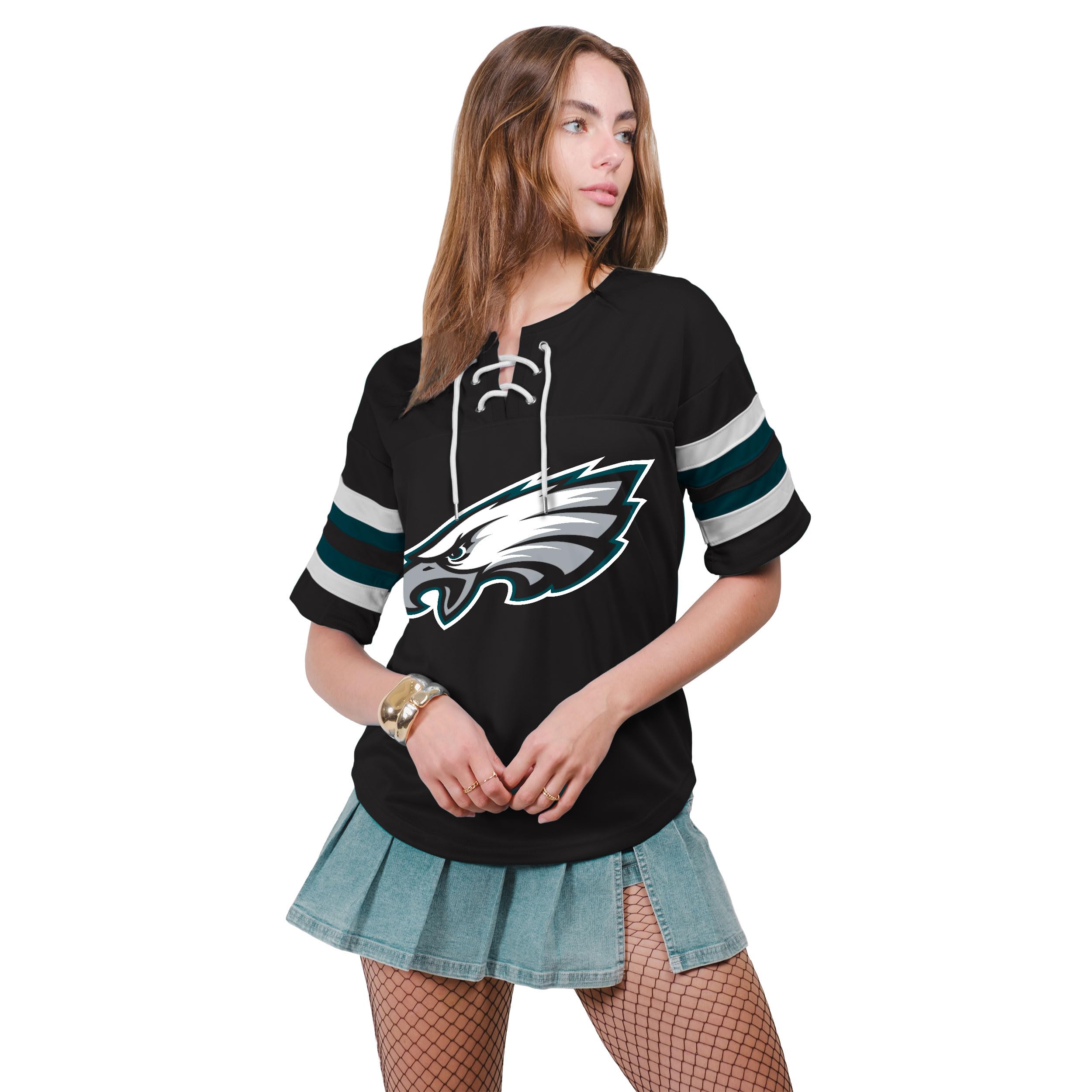 Ultra Game NFL Official Women's Lace Up Penalty Box Jersey T-Shirt, Philadelphia Eagles, Team Color Updated, Small Image