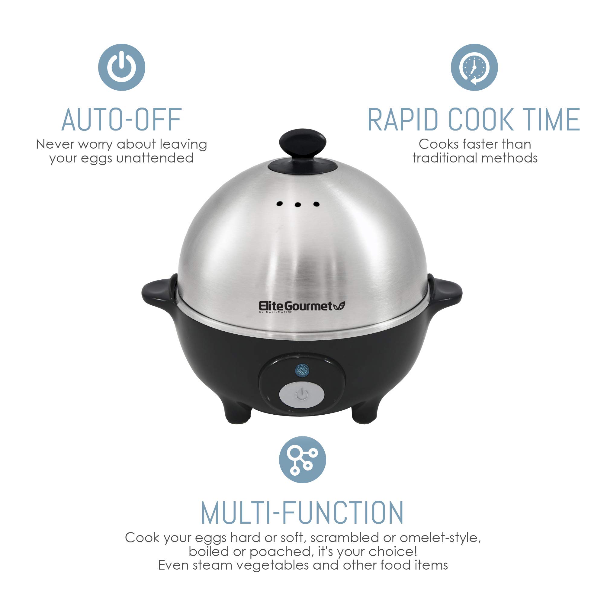 Elite Gourmet EGC-508 Rapid Egg Cooker, 7 Easy-To-Peel, Hard, Medium, Soft Boiled Eggs, Poacher, Omelet Maker, Auto Shut-Off, Alarm, 16-Recipe Booklet, Stainless Steel
