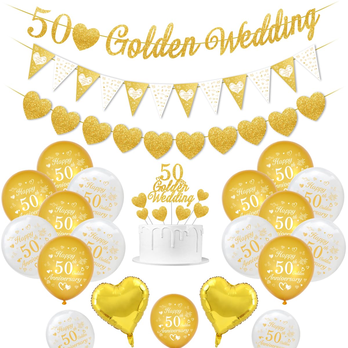 Golden Wedding Decorations, 50th Wedding Anniversary Decorations Happy 50th Anniversary Balloons Gold White Balloons Heart Balloon Banner Cake Topper — image 1