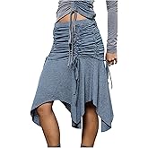 MakeMeChic Women's Y2K Summer Striped Ruched Skirt Drawstring Low Rise A Line Midi Skirts