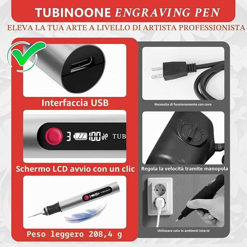 Penna per incisioni, ultimo incisore portatile senza fili per artisti e hobbisti – Incidi su oltre 50 superfici – Facile per principianti – Ricaricabile – inclusi 30 bit &