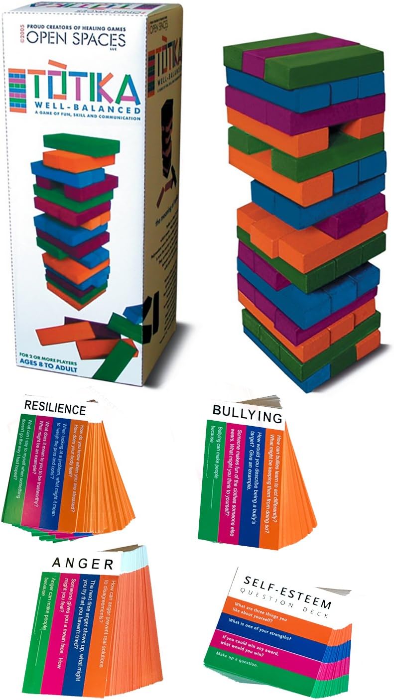 Totika Therapy Game Four Card Deck Set with 48 Colored Stackable Blocks - Anger, Bullying, Resilience and Self Esteem - A Games of Fun, Skill and Communication