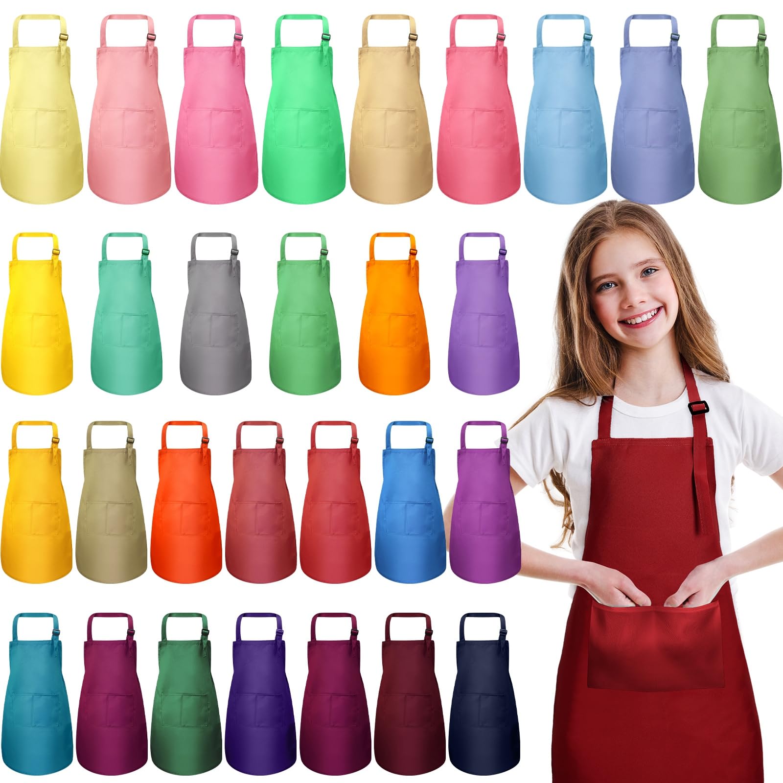 Photo 1 of Handepo 30 Pcs Kids Chef Aprons Adjustable Children Artists Aprons Child Bib for Painting Cooking Kitchen Grilling(7-13 Years,Colorful)