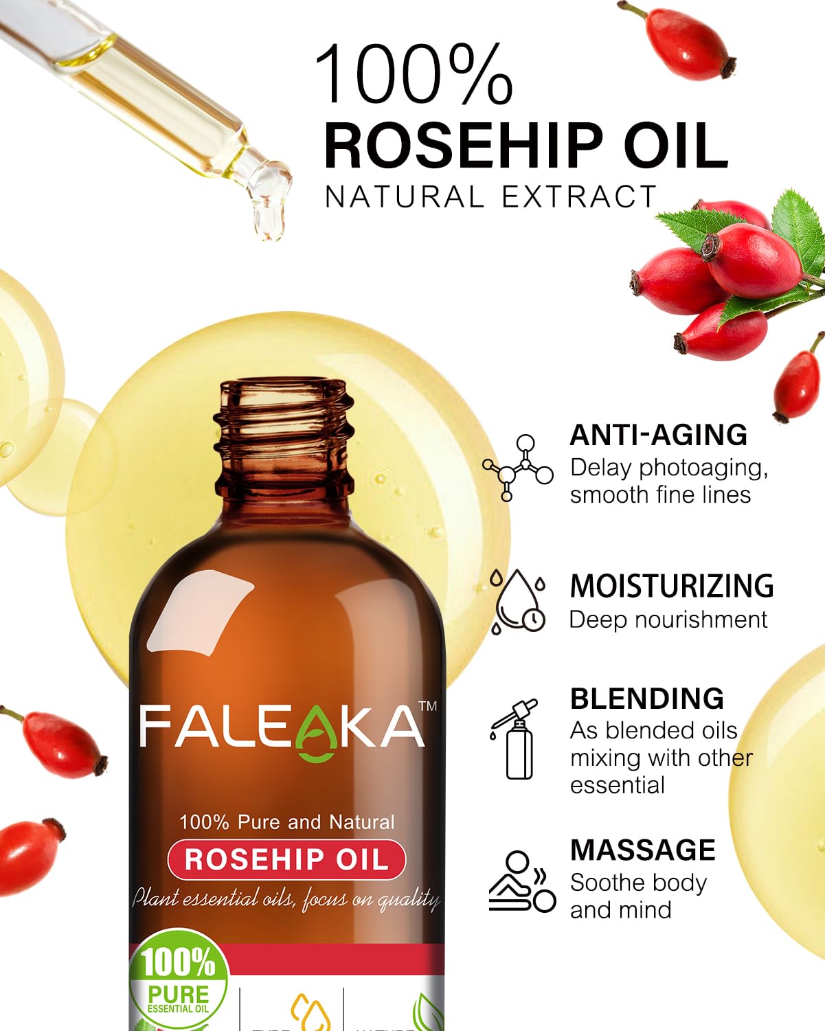 FALEAKA Rosehip Oil Rosehip Essential Oil for Face100% Pure Organic Rosehip Seed Oil Virgin Cold-Pressed Anti Ageing&Anti Wrinkle Serum Rosehip Oil Fast-Absorbing Portable Non-Allergenic (1oz)