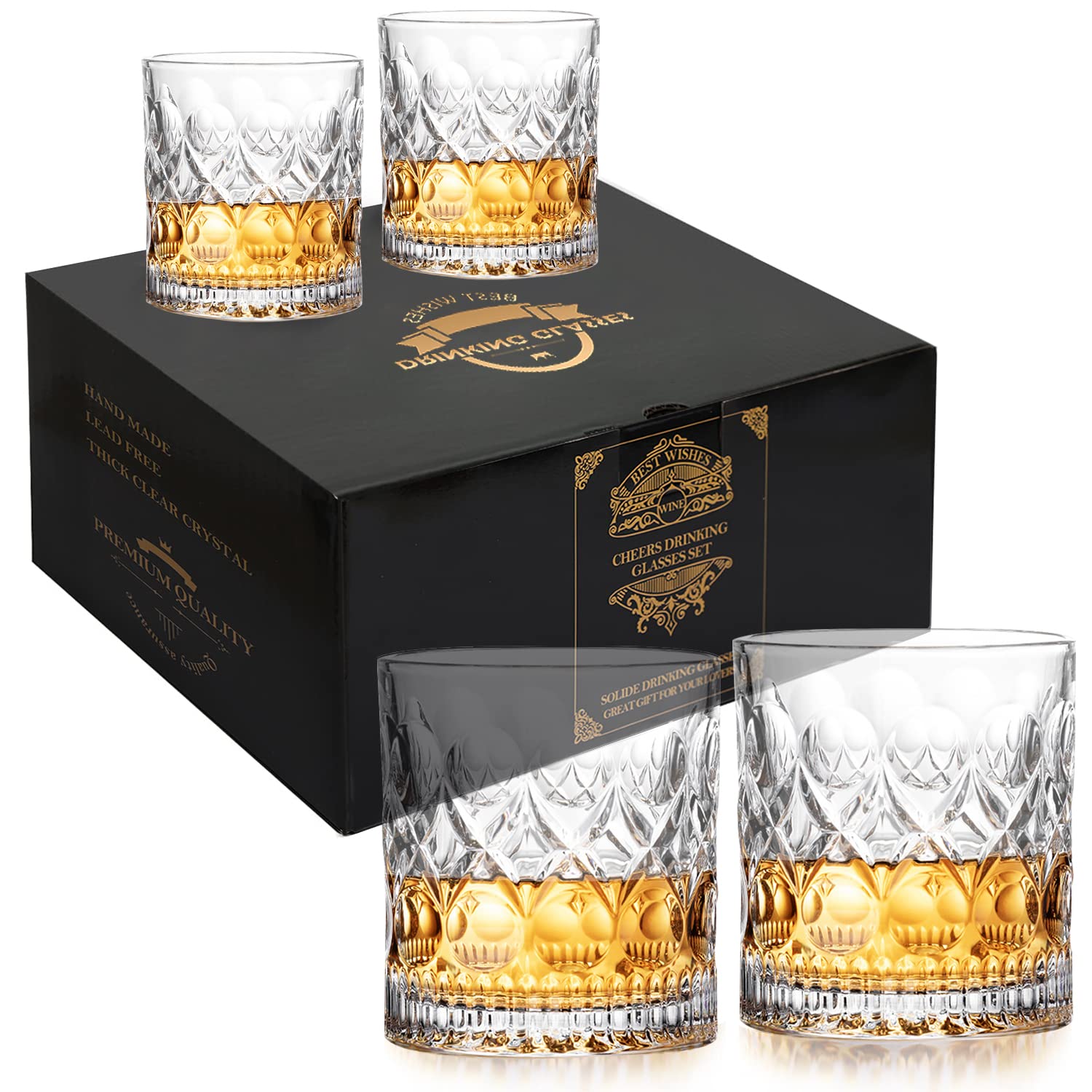 Whiskey Glasses Set 4, 300 ml No-Lead Crystal Old Fashioned Glasses, Whisky tumblers for Drinking Scotch Whiskey, Bourbon and Vodka Drinks, Perfect for Parties, Bars, Restaurants and Families etc