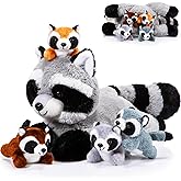 Harrycle 5 Pcs Raccoon Stuffed Animal Set Adorable Mommy Raccoon Plush with 4 Babies in Tummy Soft Cuddly Plushie for Birthday Woodland Party Decor(Lovely Style)