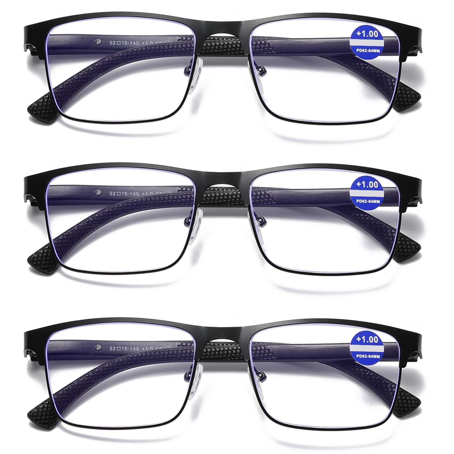 Hubeye 3 Pack Reading Glasses Men Metal Frame Square Style Stainless Steel Material Spring Hinges Blue Light Blocking Computer Readers 3.00