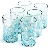 Handmade con Amor - 15 oz Hand Blown Mexican Drinking Glasses - Set of 6 tumblers, 15 fl oz each, Ocean Blue Confetti